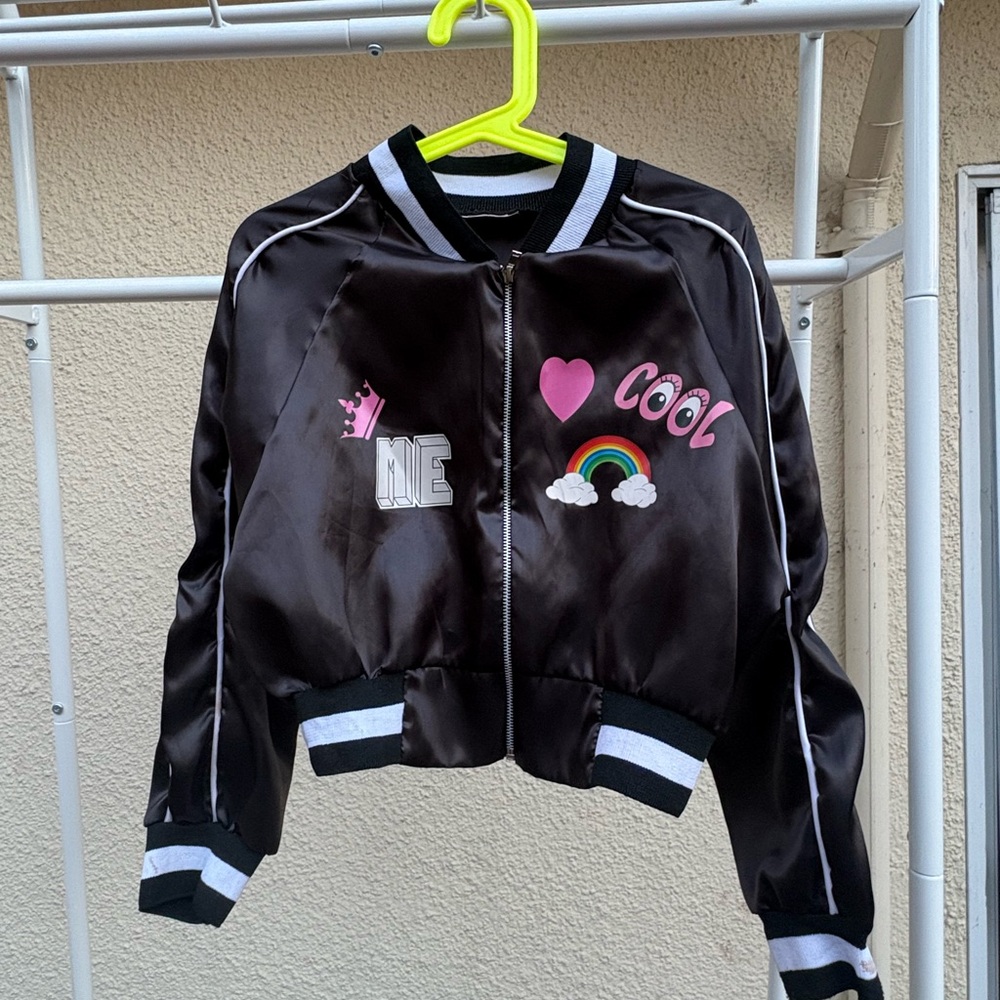 Kids Black Bomber Jacket with Fun Patches